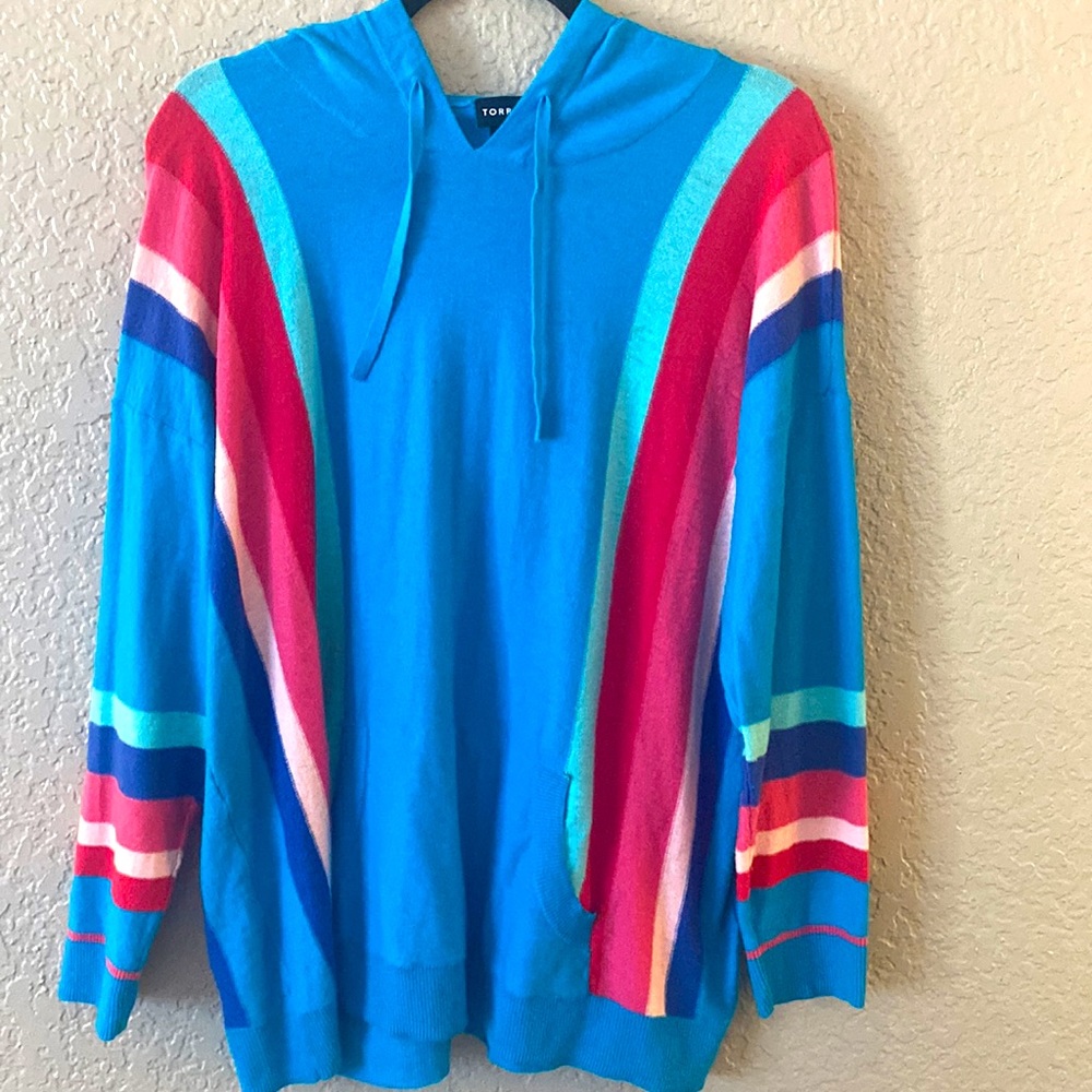 Torrid, Colorful Striped Blue Hooded Sweater, Large